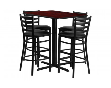 BLNK Carlton Rectangular Laminate Table Set with 4 Ladder Back Metal Bar Stools with Black Vinyl Seat - Mahogany