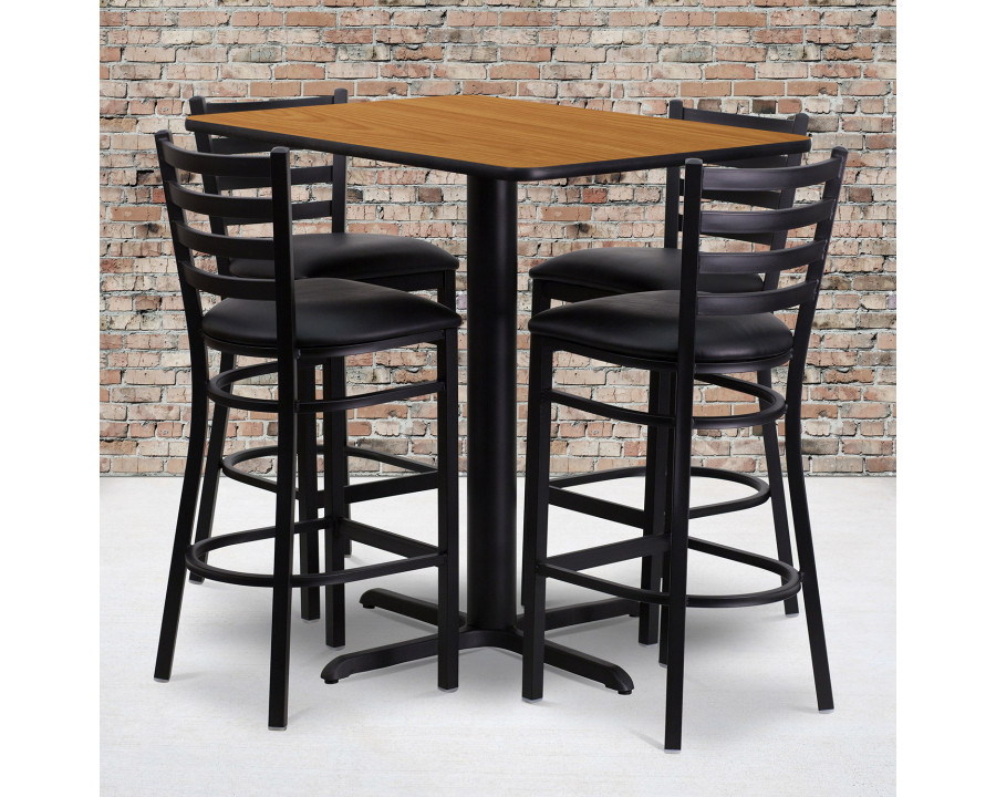 BLNK Carlton Rectangular Laminate Table Set with 4 Ladder Back Metal Bar Stools with Black Vinyl Seat - Natural