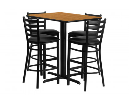 BLNK Carlton Rectangular Laminate Table Set with 4 Ladder Back Metal Bar Stools with Black Vinyl Seat - Natural