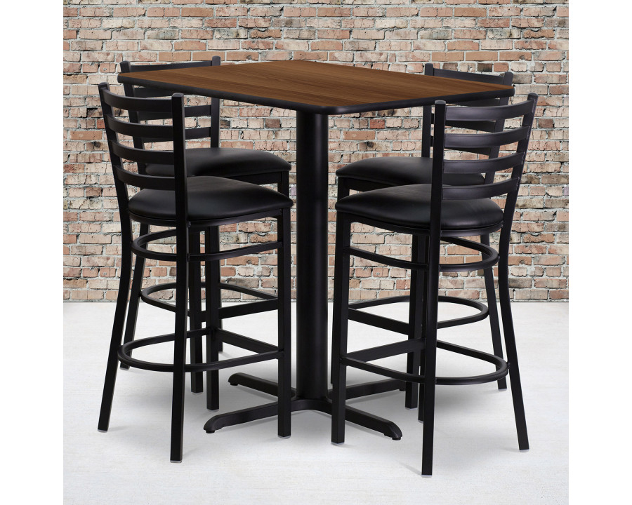 BLNK Carlton Rectangular Laminate Table Set with 4 Ladder Back Metal Bar Stools with Black Vinyl Seat - Walnut