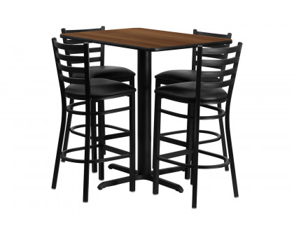 BLNK Carlton Rectangular Laminate Table Set with 4 Ladder Back Metal Bar Stools with Black Vinyl Seat - Walnut