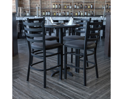 BLNK Carlton Round Laminate Table Set with X-Base and 4 Ladder Back Metal Bar Stools with Black Vinyl Seat