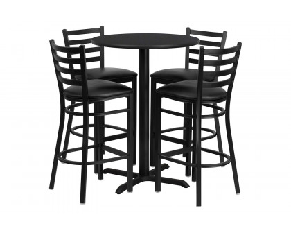 BLNK Carlton Round Laminate Table Set with X-Base and 4 Ladder Back Metal Bar Stools with Black Vinyl Seat - Black