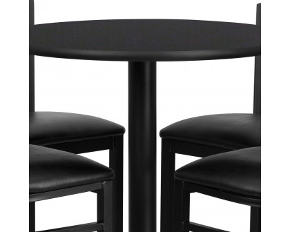 BLNK Carlton Round Laminate Table Set with X-Base and 4 Ladder Back Metal Bar Stools with Black Vinyl Seat - Black