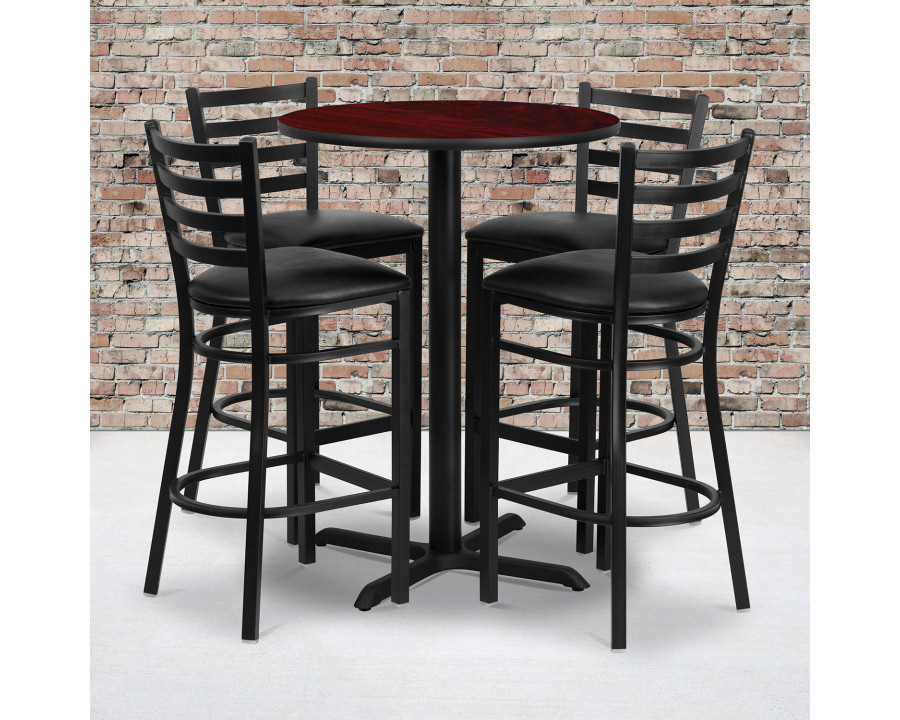 BLNK Carlton Round Laminate Table Set with X-Base and 4 Ladder Back Metal Bar Stools with Black Vinyl Seat