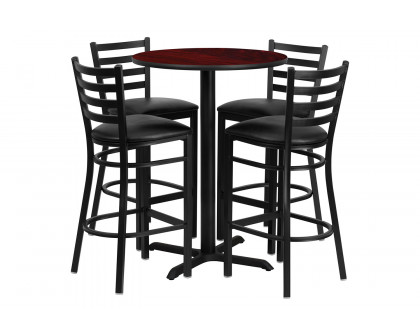 BLNK Carlton Round Laminate Table Set with X-Base and 4 Ladder Back Metal Bar Stools with Black Vinyl Seat