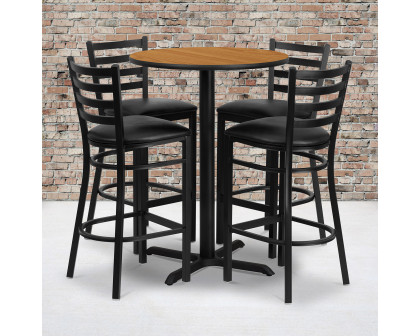 BLNK Carlton Round Laminate Table Set with X-Base and 4 Ladder Back Metal Bar Stools with Black Vinyl Seat