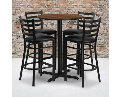 BLNK Carlton Round Laminate Table Set with X-Base and 4 Ladder Back Metal Bar Stools with Black Vinyl Seat