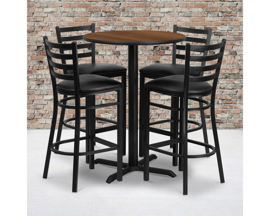 BLNK Carlton Round Laminate Table Set with X-Base and 4 Ladder Back Metal Bar Stools with Black Vinyl Seat - Walnut