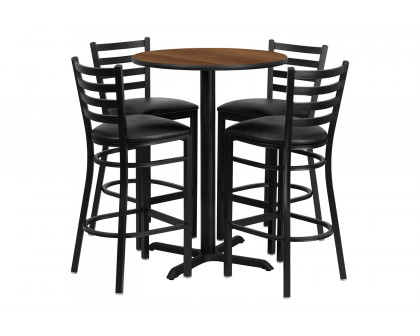 BLNK Carlton Round Laminate Table Set with X-Base and 4 Ladder Back Metal Bar Stools with Black Vinyl Seat - Walnut