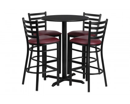 BLNK Carlton Round Laminate Table Set with X-Base and 4 Ladder Back Metal Bar Stools with Burgundy Vinyl Seat