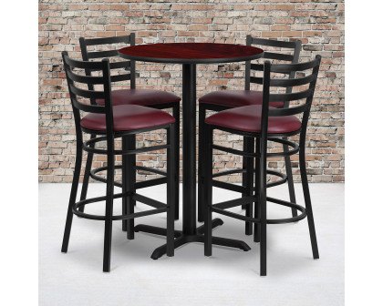 BLNK Carlton Round Laminate Table Set with X-Base and 4 Ladder Back Metal Bar Stools with Burgundy Vinyl Seat