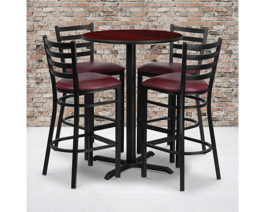 BLNK Carlton Round Laminate Table Set with X-Base and 4 Ladder Back Metal Bar Stools with Burgundy Vinyl Seat - Mahogany