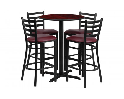 BLNK Carlton Round Laminate Table Set with X-Base and 4 Ladder Back Metal Bar Stools with Burgundy Vinyl Seat - Mahogany