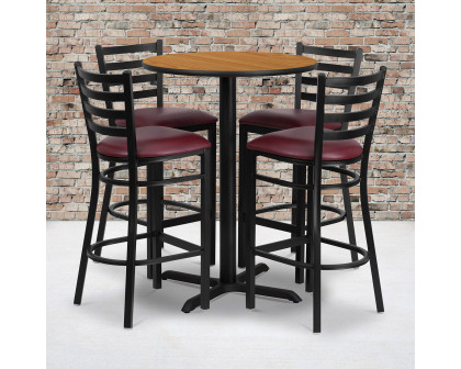 BLNK Carlton Round Laminate Table Set with X-Base and 4 Ladder Back Metal Bar Stools with Burgundy Vinyl Seat