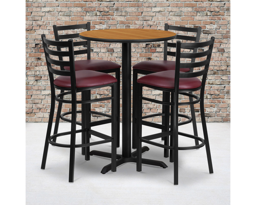 BLNK Carlton Round Laminate Table Set with X-Base and 4 Ladder Back Metal Bar Stools with Burgundy Vinyl Seat - Natural