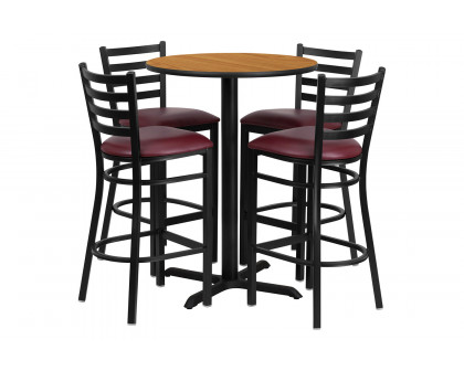 BLNK Carlton Round Laminate Table Set with X-Base and 4 Ladder Back Metal Bar Stools with Burgundy Vinyl Seat - Natural