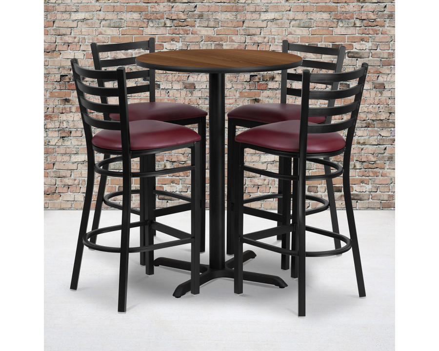 BLNK Carlton Round Laminate Table Set with X-Base and 4 Ladder Back Metal Bar Stools with Burgundy Vinyl Seat - Walnut