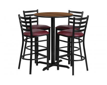 BLNK Carlton Round Laminate Table Set with X-Base and 4 Ladder Back Metal Bar Stools with Burgundy Vinyl Seat - Walnut