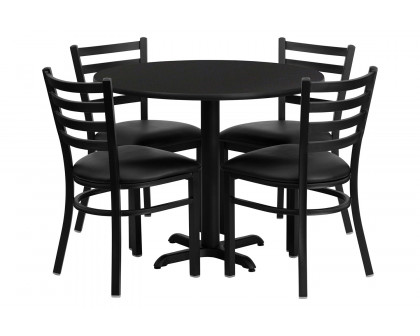 BLNK Carlton Round Black Laminate Table Set with X-Base and 4 Ladder Back Metal Chairs with Vinyl Seat