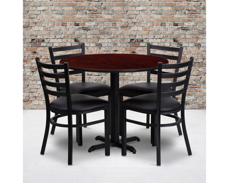 BLNK Carlton Round Mahogany Laminate Table Set with X-Base and 4 Ladder Back Metal Chairs with Vinyl Seat