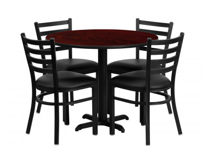 BLNK Carlton Round Mahogany Laminate Table Set with X-Base and 4 Ladder Back Metal Chairs with Vinyl Seat