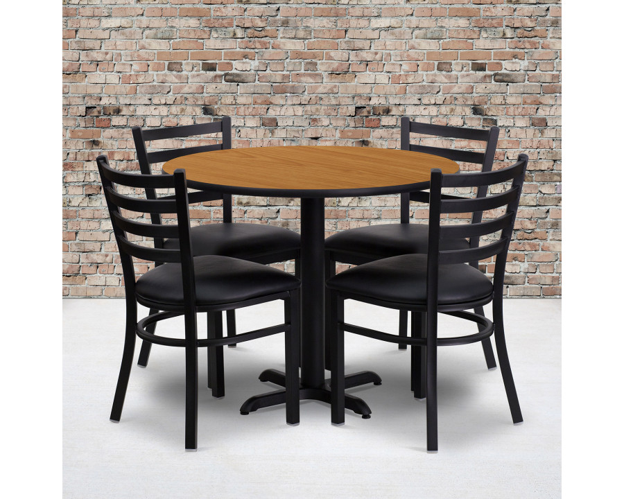 BLNK Carlton Round Natural Laminate Table Set with X-Base and 4 Ladder Back Metal Chairs with Vinyl Seat