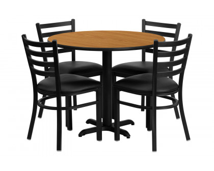 BLNK Carlton Round Natural Laminate Table Set with X-Base and 4 Ladder Back Metal Chairs with Vinyl Seat