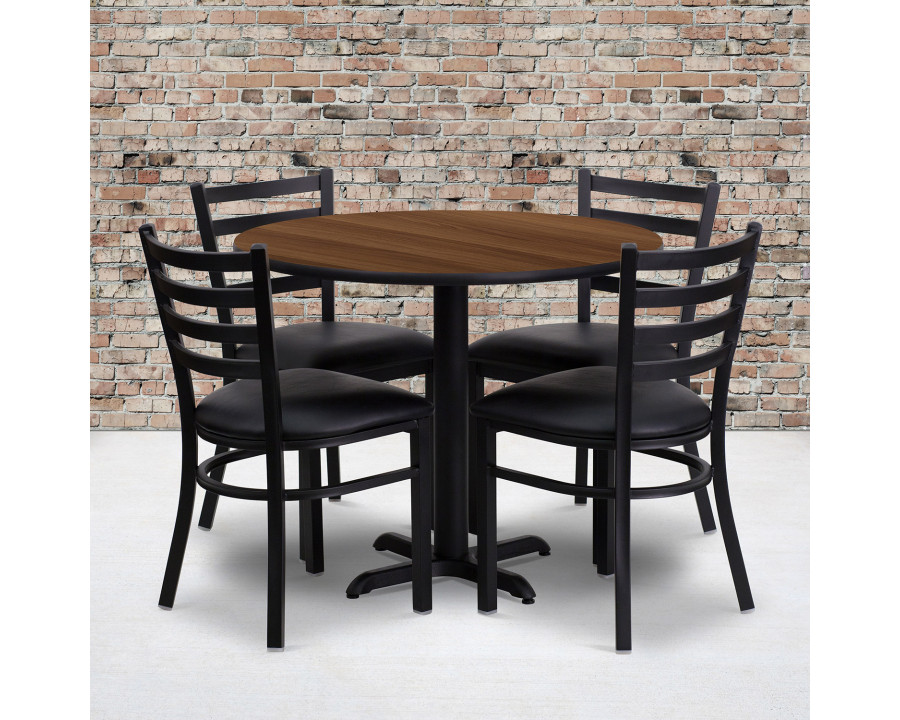 BLNK Carlton Round Walnut Laminate Table Set with X-Base and 4 Ladder Back Metal Chairs with Vinyl Seat