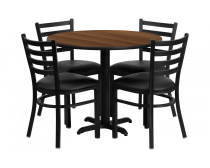 BLNK Carlton Round Walnut Laminate Table Set with X-Base and 4 Ladder Back Metal Chairs with Vinyl Seat