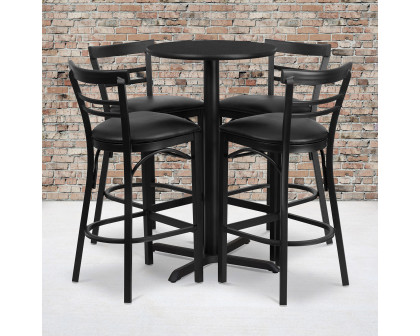 BLNK Carlton Round Laminate Table Set with X-Base and 4 Two-Slat Ladder Back Metal Bar Stools with Black Vinyl Seat