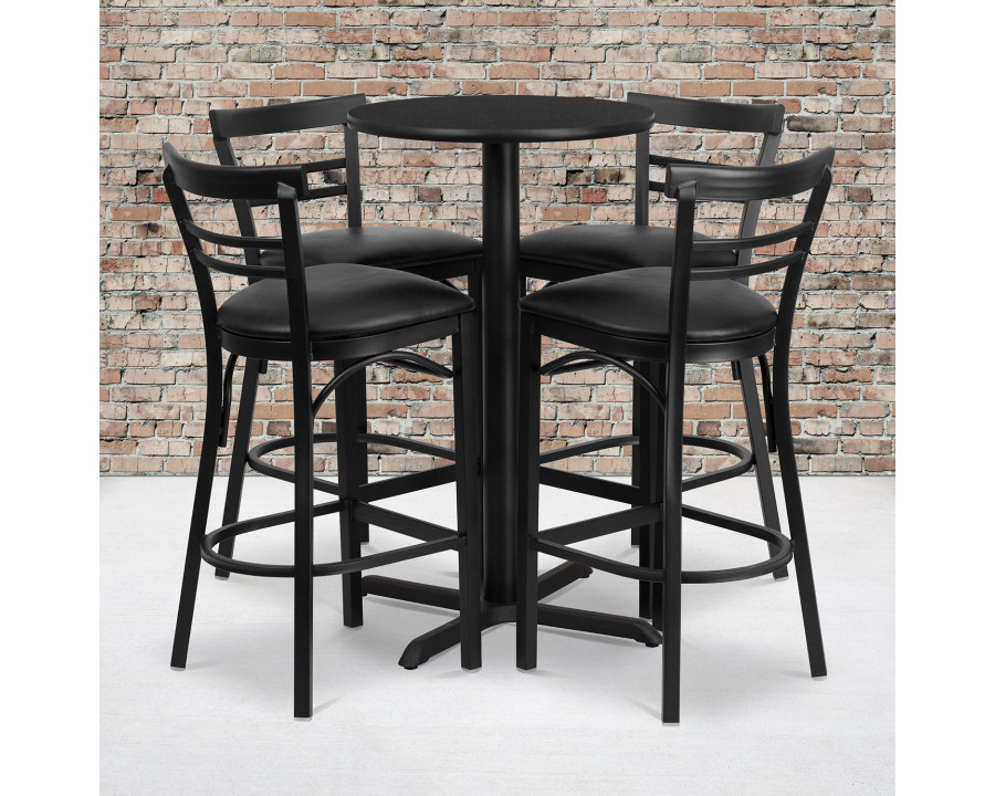 BLNK Carlton Round Laminate Table Set with X-Base and 4 Two-Slat Ladder Back Metal Bar Stools with Black Vinyl Seat - Black