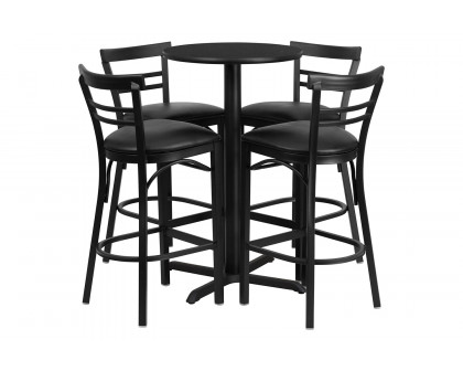 BLNK Carlton Round Laminate Table Set with X-Base and 4 Two-Slat Ladder Back Metal Bar Stools with Black Vinyl Seat - Black