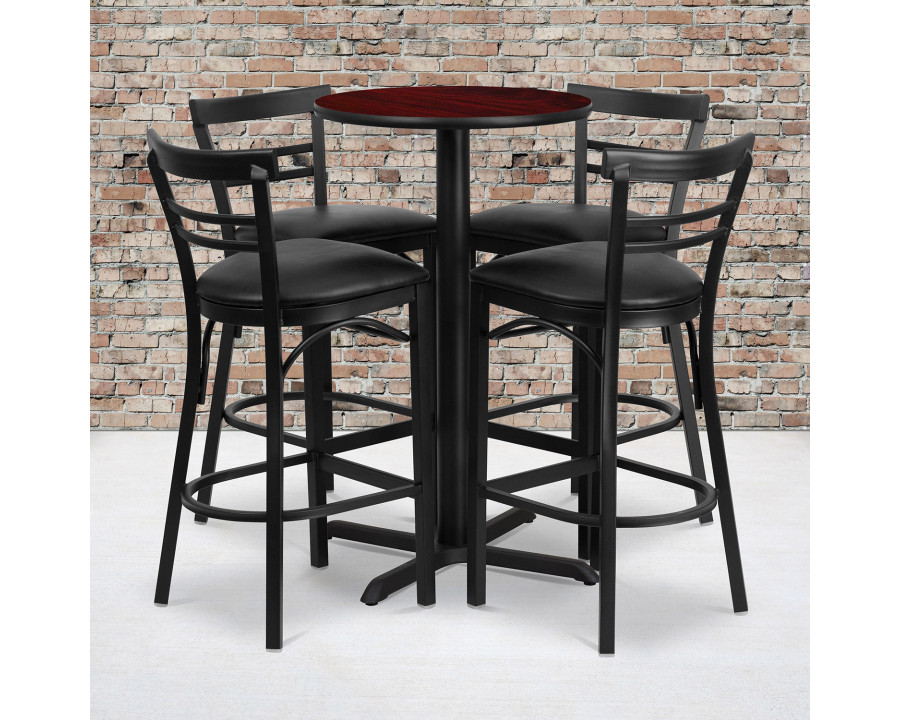 BLNK Carlton Round Laminate Table Set with X-Base and 4 Two-Slat Ladder Back Metal Bar Stools with Black Vinyl Seat - Mahogany