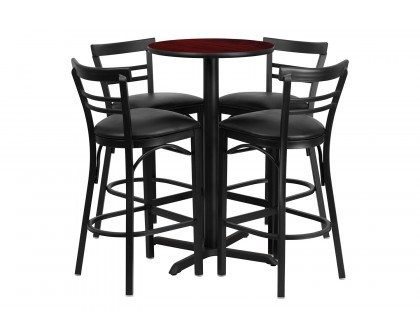 BLNK Carlton Round Laminate Table Set with X-Base and 4 Two-Slat Ladder Back Metal Bar Stools with Black Vinyl Seat - Mahogany