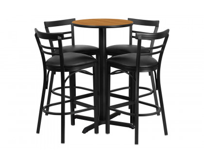 BLNK Carlton Round Laminate Table Set with X-Base and 4 Two-Slat Ladder Back Metal Bar Stools with Black Vinyl Seat