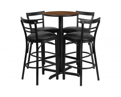 BLNK Carlton Round Laminate Table Set with X-Base and 4 Two-Slat Ladder Back Metal Bar Stools with Black Vinyl Seat - Walnut