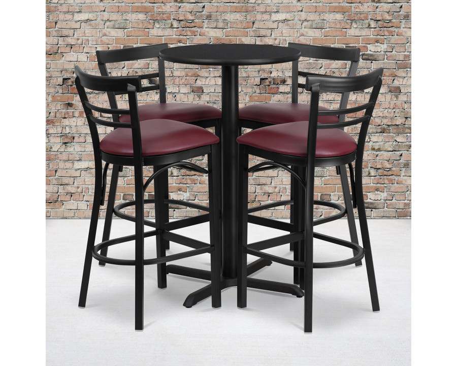 BLNK Carlton Round Laminate Table Set with X-Base and 4 Two-Slat Ladder Back Metal Bar Stools with Burgundy Vinyl Seat