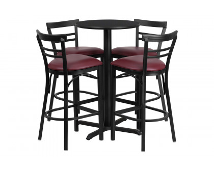 BLNK Carlton Round Laminate Table Set with X-Base and 4 Two-Slat Ladder Back Metal Bar Stools with Burgundy Vinyl Seat