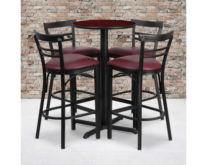 BLNK Carlton Round Laminate Table Set with X-Base and 4 Two-Slat Ladder Back Metal Bar Stools with Burgundy Vinyl Seat