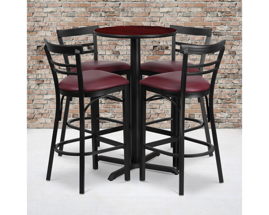 BLNK Carlton Round Laminate Table Set with X-Base and 4 Two-Slat Ladder Back Metal Bar Stools with Burgundy Vinyl Seat - Mahogany