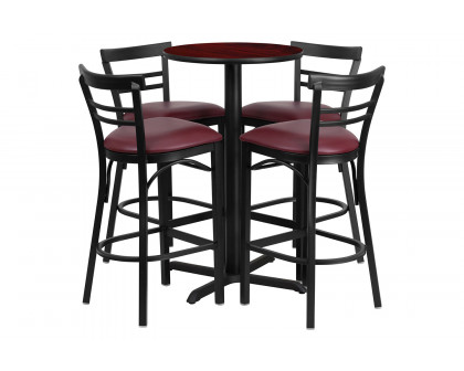 BLNK Carlton Round Laminate Table Set with X-Base and 4 Two-Slat Ladder Back Metal Bar Stools with Burgundy Vinyl Seat - Mahogany