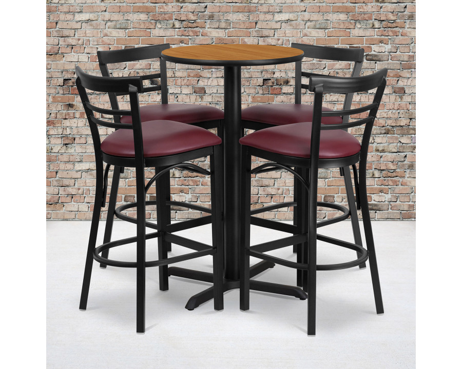 BLNK Carlton Round Laminate Table Set with X-Base and 4 Two-Slat Ladder Back Metal Bar Stools with Burgundy Vinyl Seat - Natural