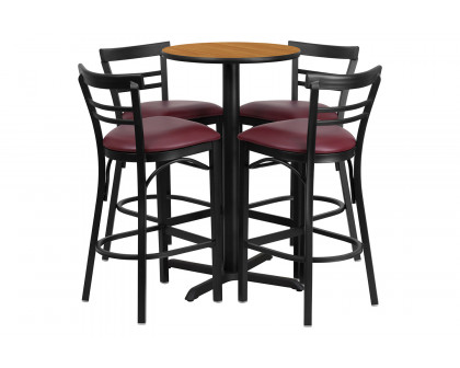 BLNK Carlton Round Laminate Table Set with X-Base and 4 Two-Slat Ladder Back Metal Bar Stools with Burgundy Vinyl Seat - Natural