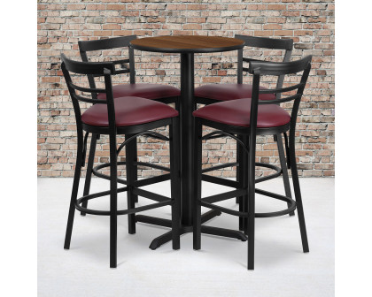 BLNK Carlton Round Laminate Table Set with X-Base and 4 Two-Slat Ladder Back Metal Bar Stools with Burgundy Vinyl Seat