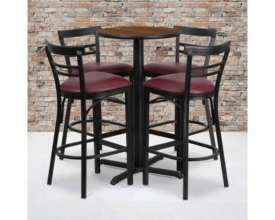 BLNK Carlton Round Laminate Table Set with X-Base and 4 Two-Slat Ladder Back Metal Bar Stools with Burgundy Vinyl Seat - Walnut