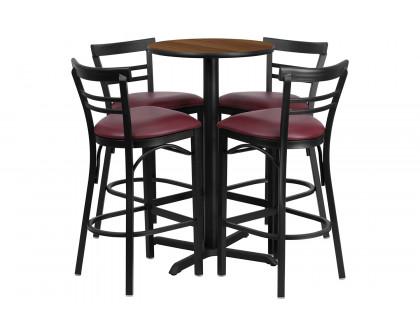 BLNK Carlton Round Laminate Table Set with X-Base and 4 Two-Slat Ladder Back Metal Bar Stools with Burgundy Vinyl Seat - Walnut