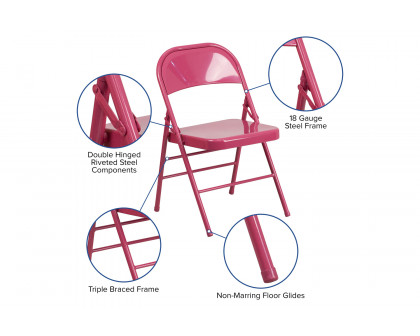 BLNK HERCULES COLORBURST Series Metal Triple Braced and Double Hinged Folding Chair - Shockingly Fuchsia