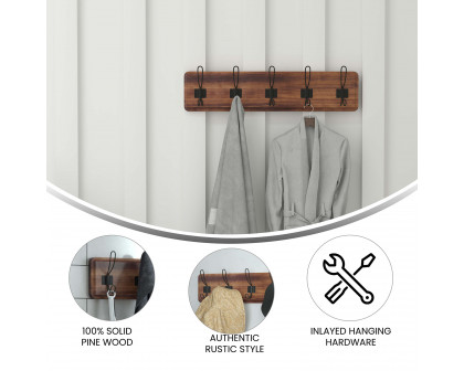 BLNK Daly Wall Mounted Solid Pine Wood Storage Rack with 5 Hooks - Classic Brown