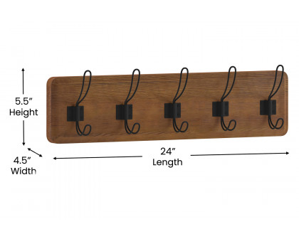 BLNK Daly Wall Mounted Solid Pine Wood Storage Rack with 5 Hooks - Classic Brown